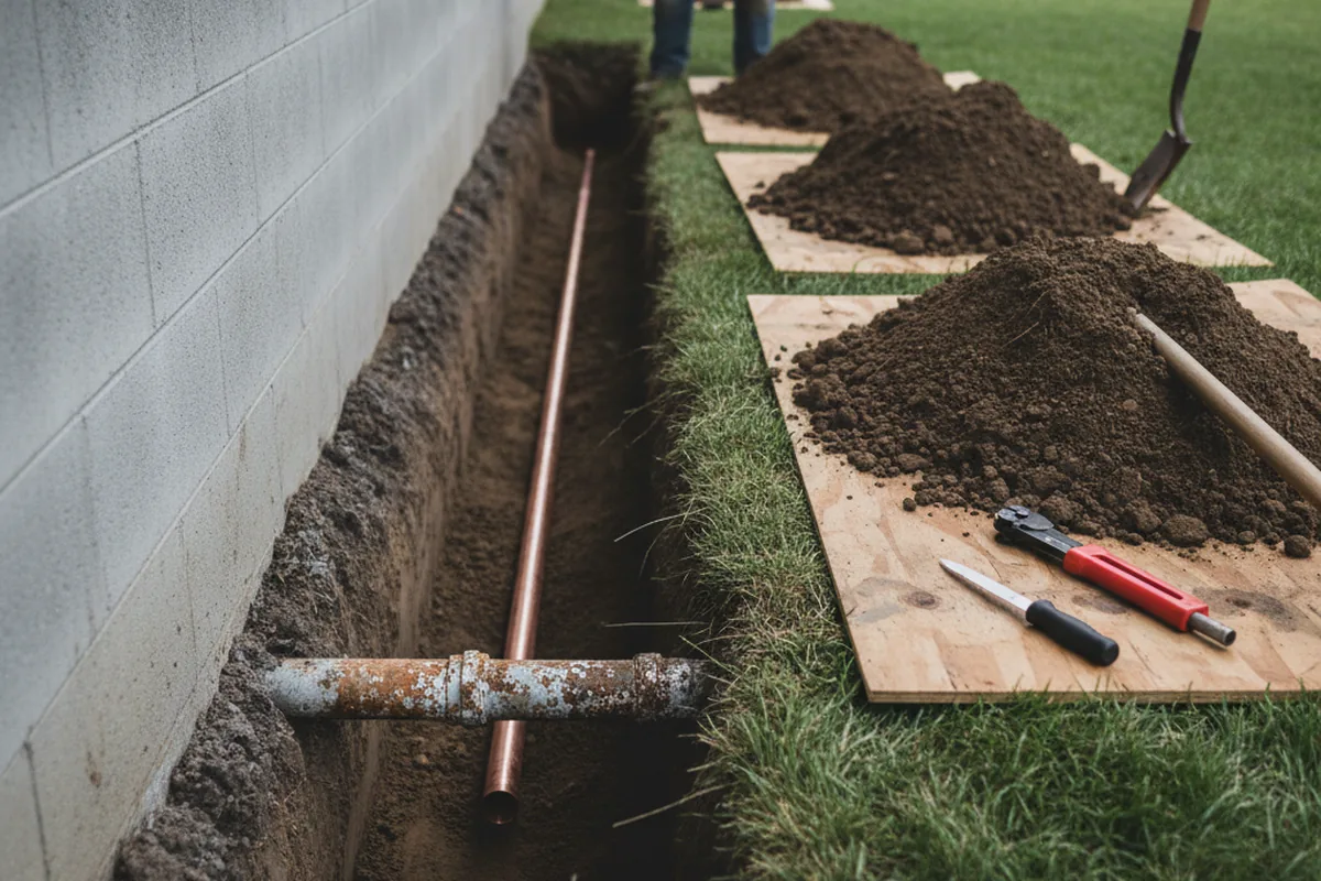 Excavated water line trench during Sewer Line Repair in Richmond